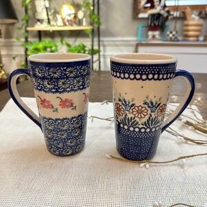 Boleslawiec Polish Pottery 2 Piece Coffee Tall 5.75" 12 Oz. Mug Floral Design